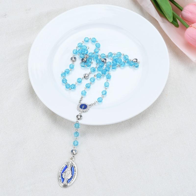 Christian Retro Decorated Mary Blessing Rosary Prayer Necklace Religious Cross Necklace