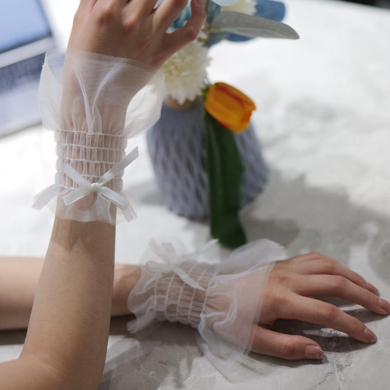 Women Wrist Cuffs Ribbon Bow Removable Ruffled Wedding Supply Bride Dress False Sleeves Tulle Flared Sleeves