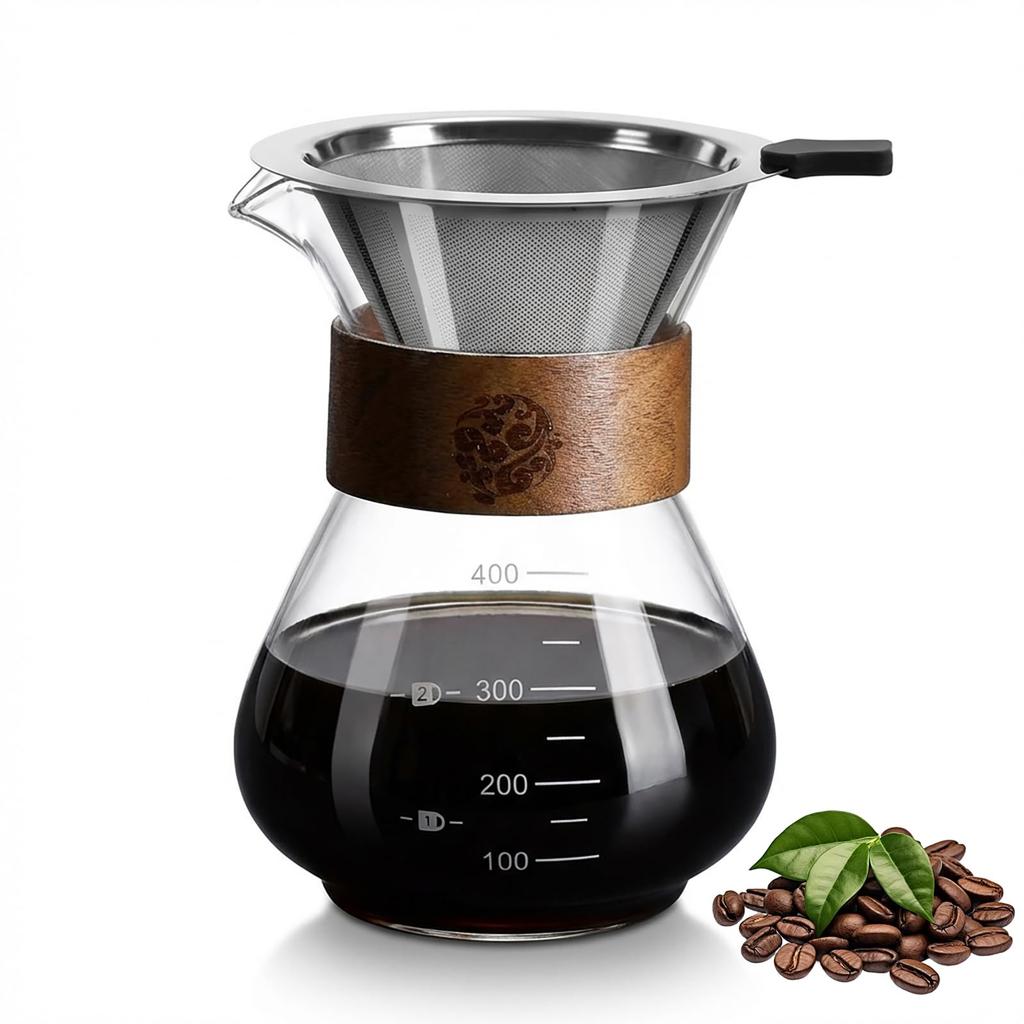 FGIUKC Drip Coffee Coffee Stainless Steel Double Microwave with Measurement Hand Drip Coffee Server Cafe Style Server, Heat-Resistant Glass, 400ml,