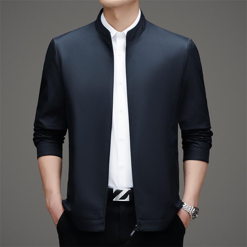 Men's Mulberry Silk Jacket: Middle-aged Casual Thin Top, Spring/Autumn, Loose Stand Collar for Elderly Fathers