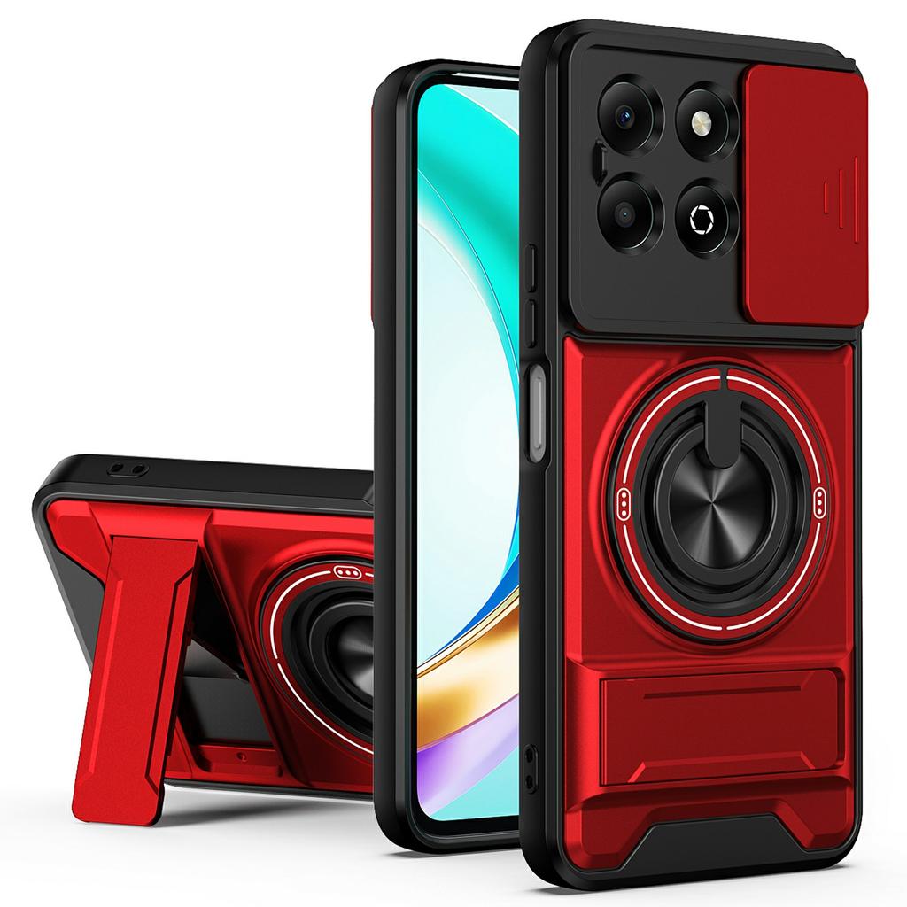 For Honor X6b 4G Magnetic Case Ring Holder Foldable Kickstand TPU PC Phone Cover with Camera Lens Slider
