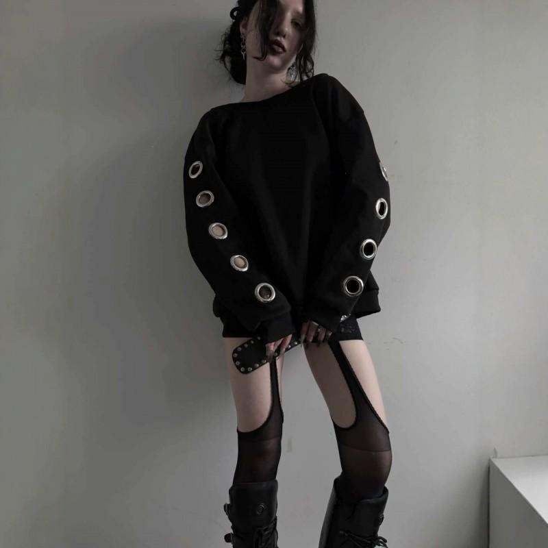 Womens Off Shoulder Long Sleeve Sweatshirt Loose Fit Streetwear Gothic Style Black Top