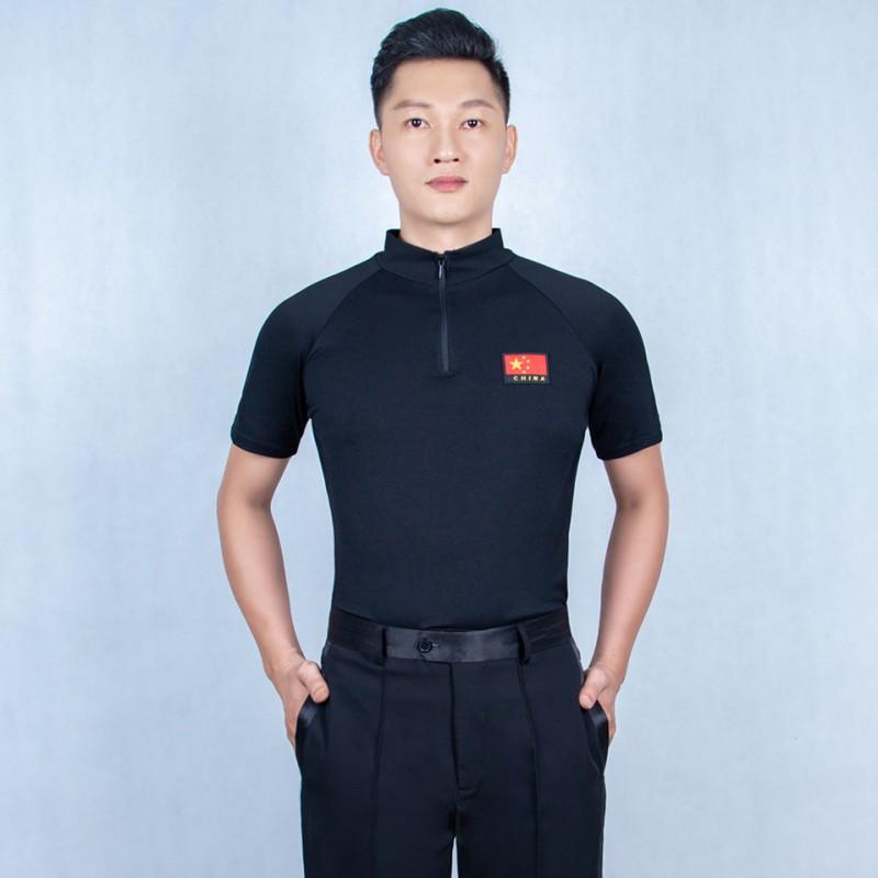 Mens Latin Dance Practice Top Short Sleeve Stand Collar Insert Shoulder Performance Shirt Ballroom Salsa Bachata