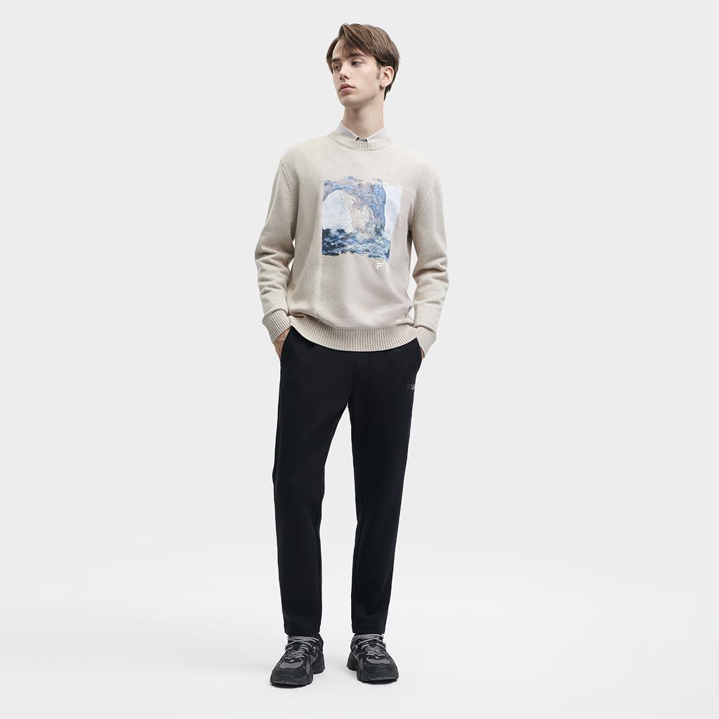 Fila 2023 Winter New Simple Loose Knit Sweater With Monet Print Round Neck Long Sleeve Men Sweater Soft-Khaki Flower-Gray F11M348401F-LK