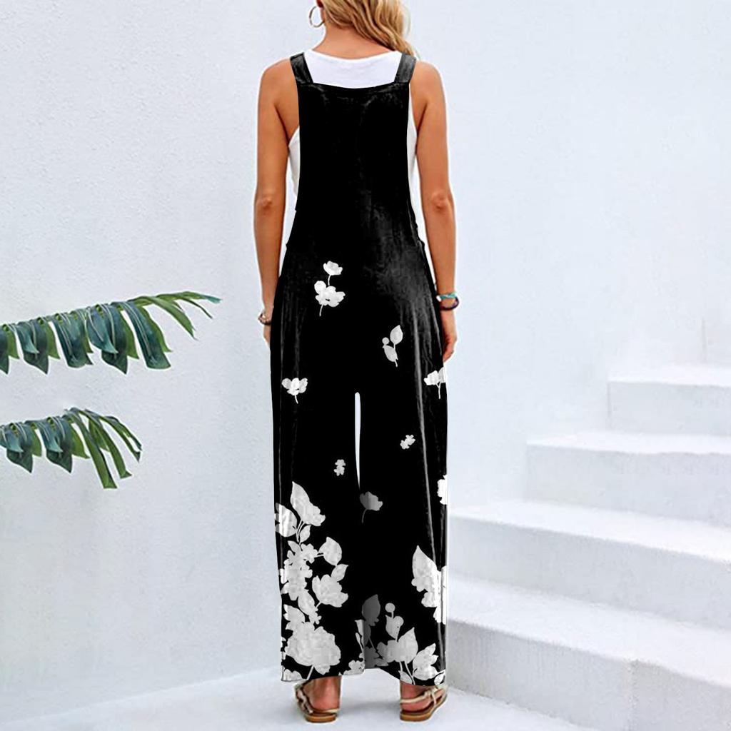 Lässiger, lockerer, bedruckter, ärmelloser Tank-Top-Overall für Damen, quadratischer Ausschnitt, geraffter Overall mit weitem Bein und Taschen
