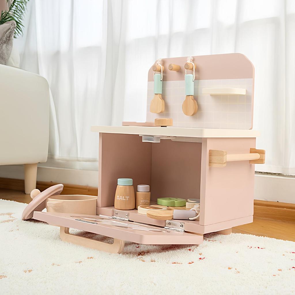 Kids' Wooden Kitchen Playset—Log Style Cooking Toy for Pretend Play