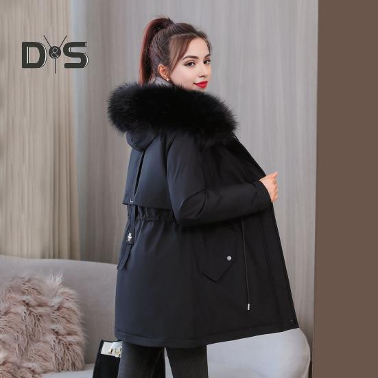 Winter-Daunenmantel, dick gepolstert, Plüschkapuze, mittellang, winddicht, Taschen, lange Ärmel, verstellbarer Kordelzug, Baumwolljacke für den Alltag