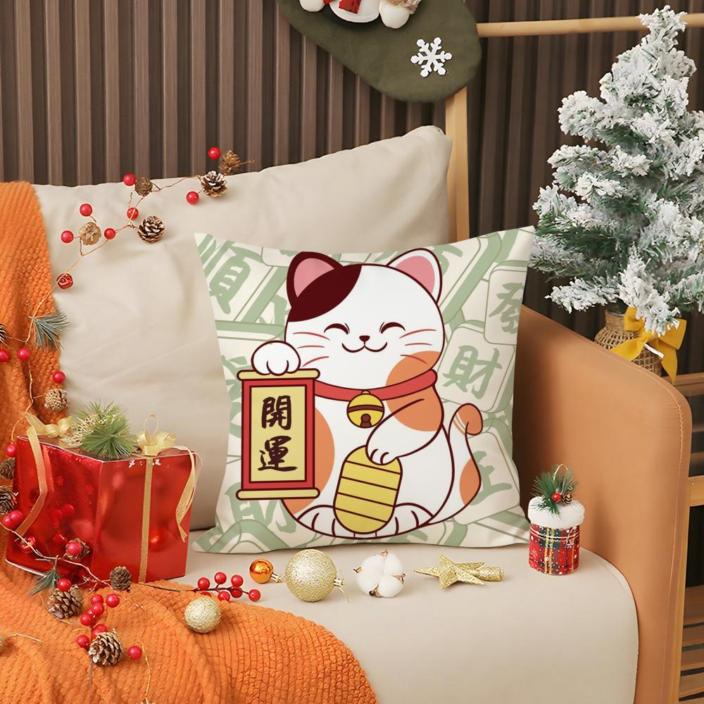 Rich Luck Money Cat Pillow Case Living Room Sofa Decorative Cushion Cover Simple Household Light Luxury Printed Pillow