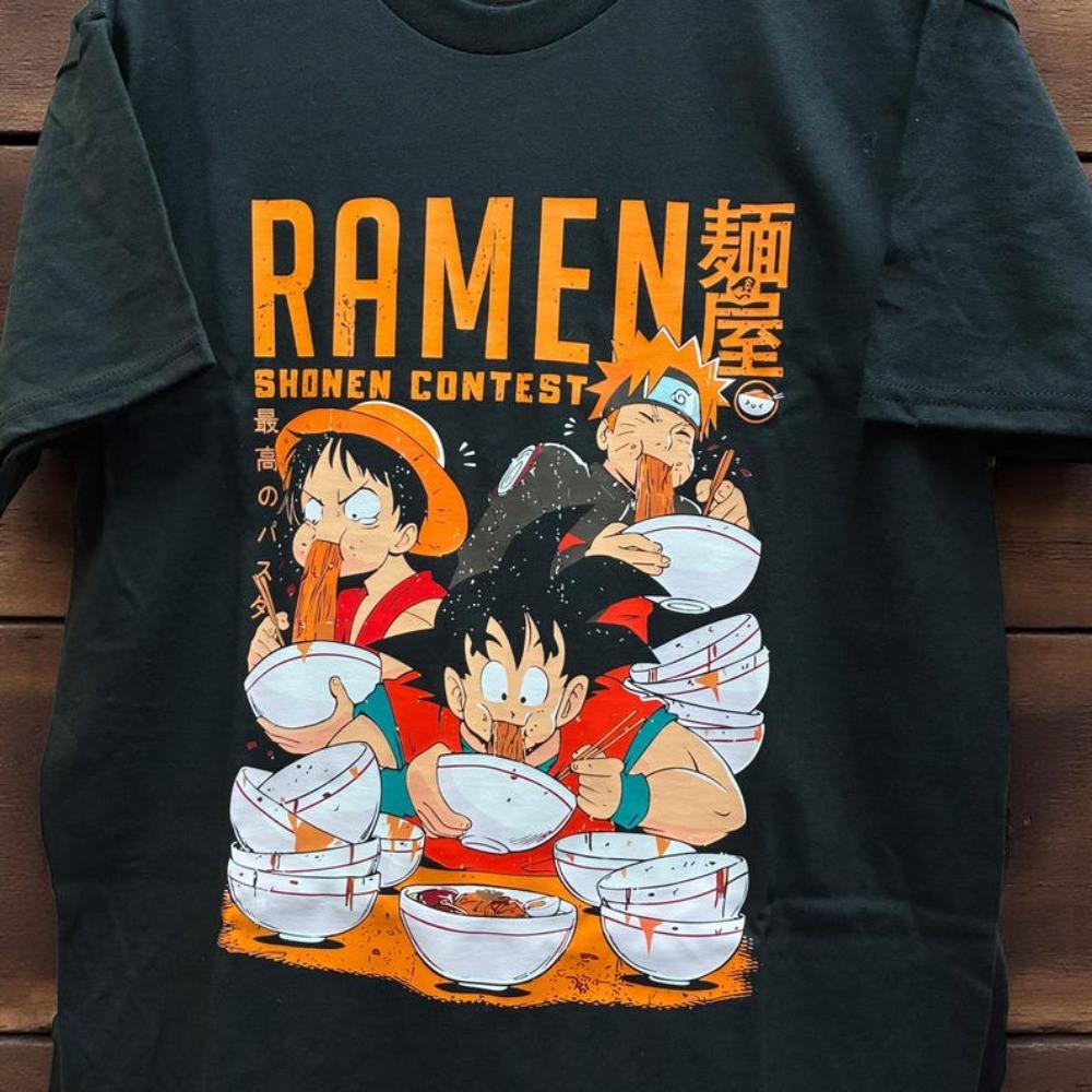 

Shonen Jump Trio (Luffy, Goku, Naruto) Ramen Contest T-Shirt, Unisex Anime Fan Streetwear Tee, 100% Cotton Casual Short Sleeve Top 4XL