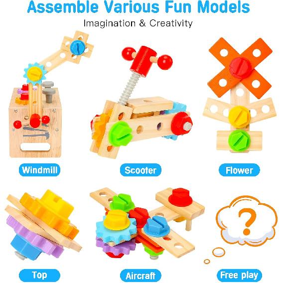 Wooden Tool Set for Kids 2 3 4 5 Year Old, 29Pcs Educational STEM Toys Toddler Montessori Toys for 2 Year Old Construction Preschool Learning
