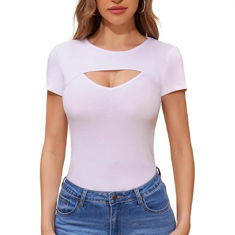 New Fashion Spring and Summer Sexy Hollow Threaded T-Shirt Top Casual Crew Neck Short Sleeve Women
