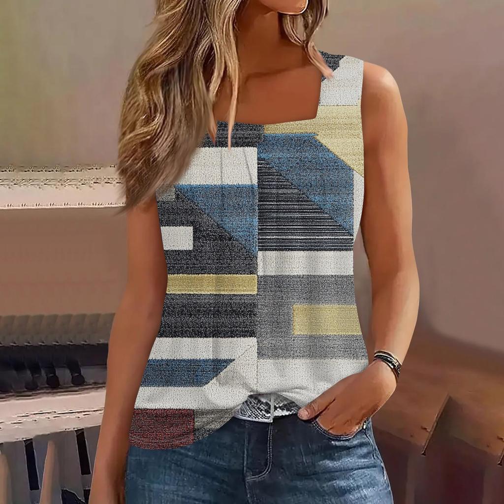 Ärmelloses Tanktop mit plissiertem, quadratischem Ausschnitt und Pflanzendruck für Damen