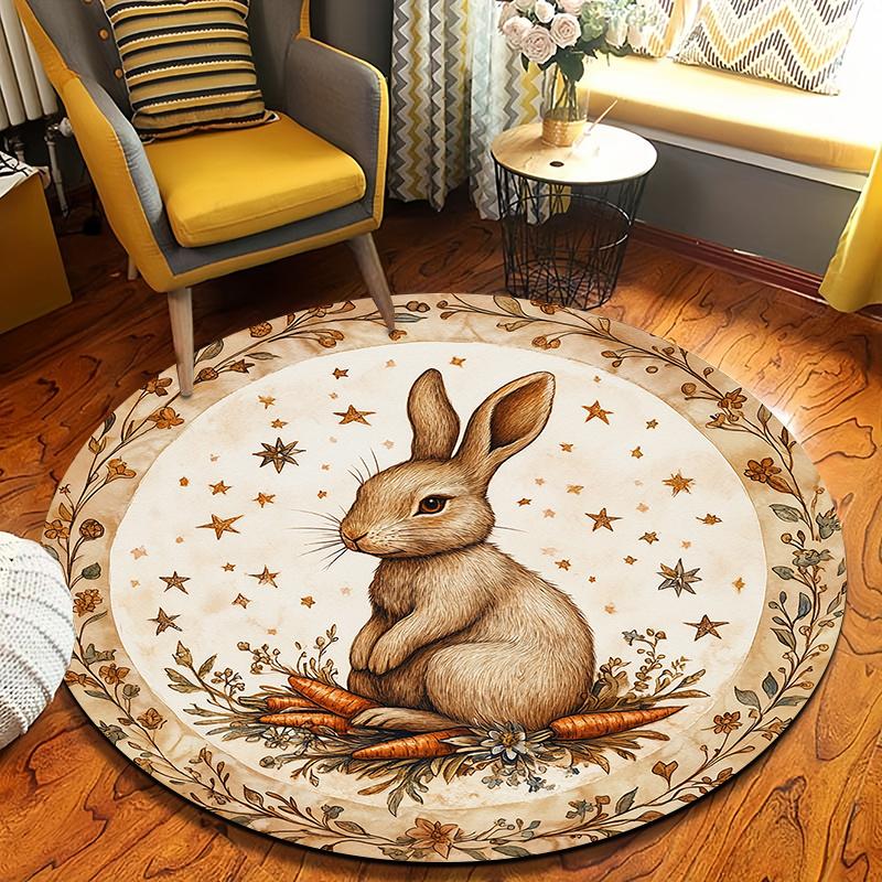 

Vintage Rabbit Round Rug Non-Slip Machine Washable Floor Mat 2D Flat Lightweight Area Rug for Living Room Porch Study 60X60cm