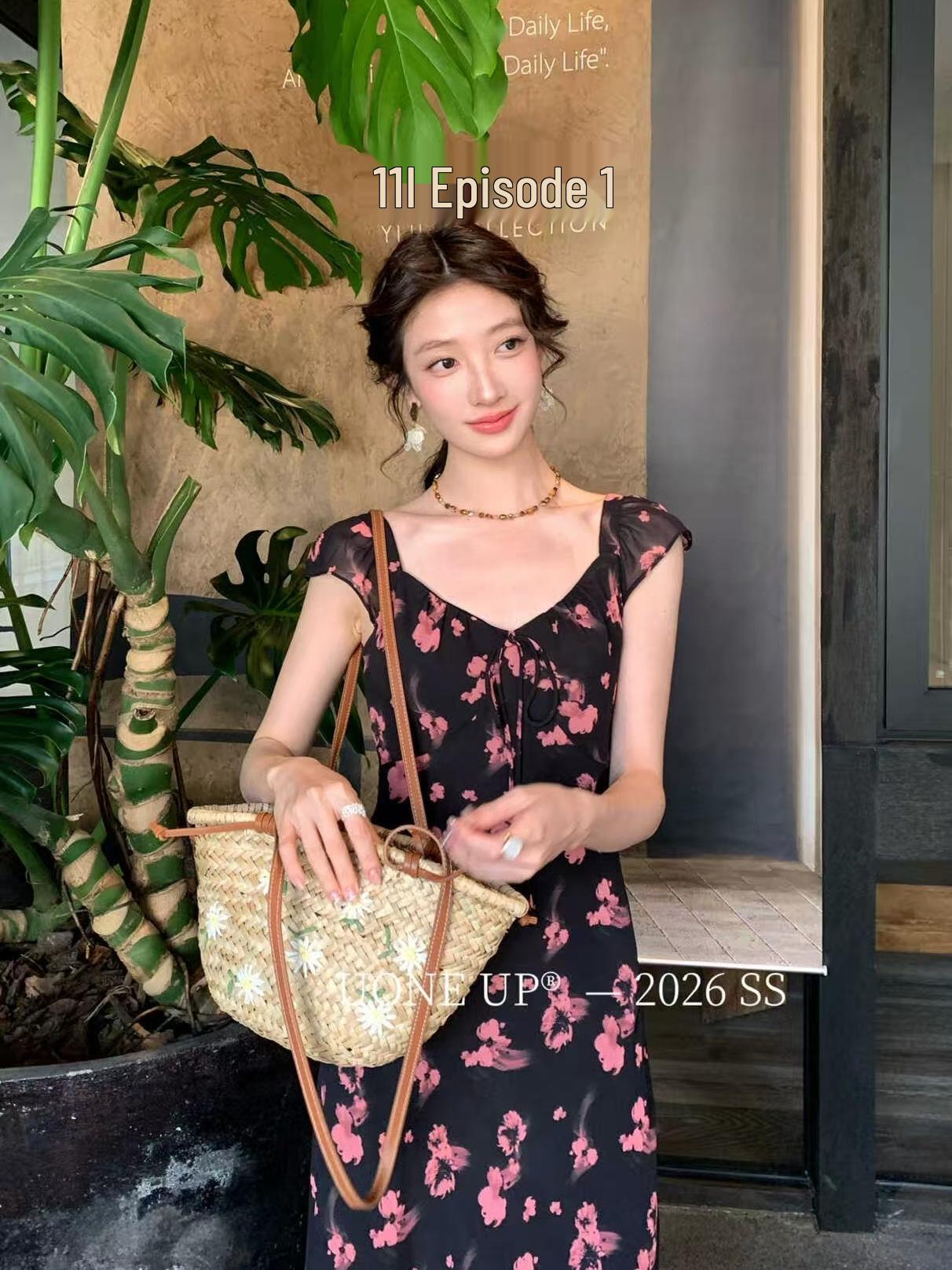 UONE2026 French Retro V-Neck Ruffle Tie Dress - Early Spring Edition Medium чёрный