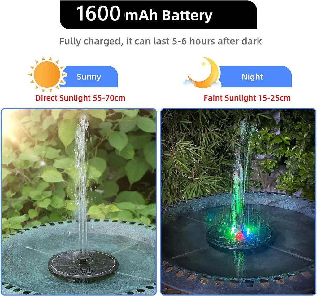 Solar Floating Fountain Water Pump with Color LED Lights for Bird Bath 3W 1600mAh Battery for Garden/Pond/ Pool/Fish Tank Decor