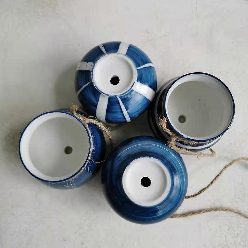 4-Pot Bright Pastel Ceramic Hanging Flower Planter Set (Blue)