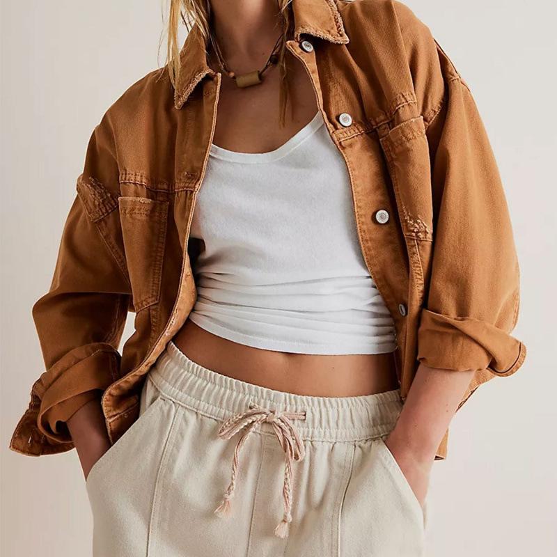 Свободная джинсовая куртка Осень 2026 - Европейский и Американский Стиль, Длинный Рукав, Лацкан, Однотонная S темно-коричневого