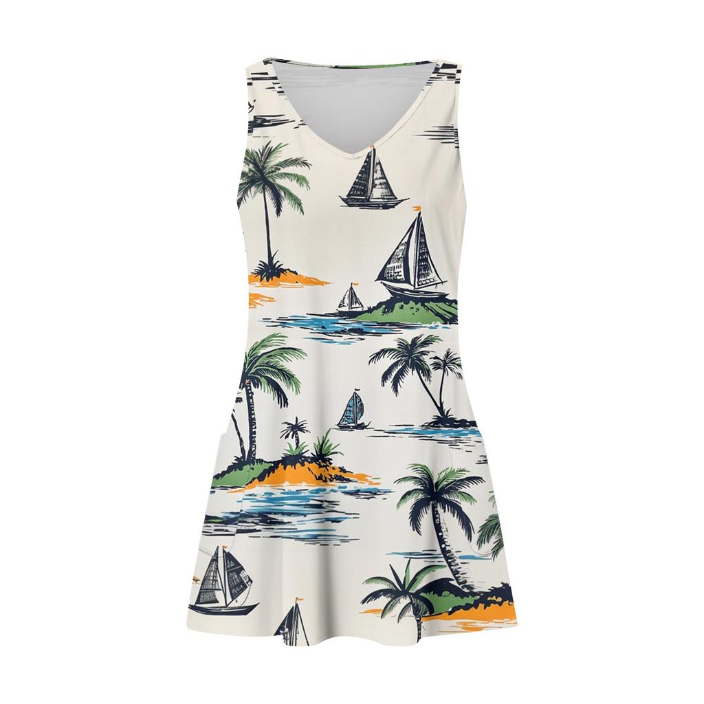 Women's Casual Fashion V-neck Sleeveless Floral Print Side Pocket Dress