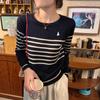 Vintage Striped Autumn Sweater - Women's Slim Fit, Long Sleeve, Round Neck with Little Pony Embroidery