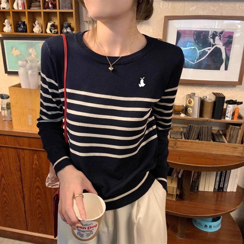 Vintage Striped Autumn Sweater - Women's Slim Fit, Long Sleeve, Round Neck with Little Pony Embroidery