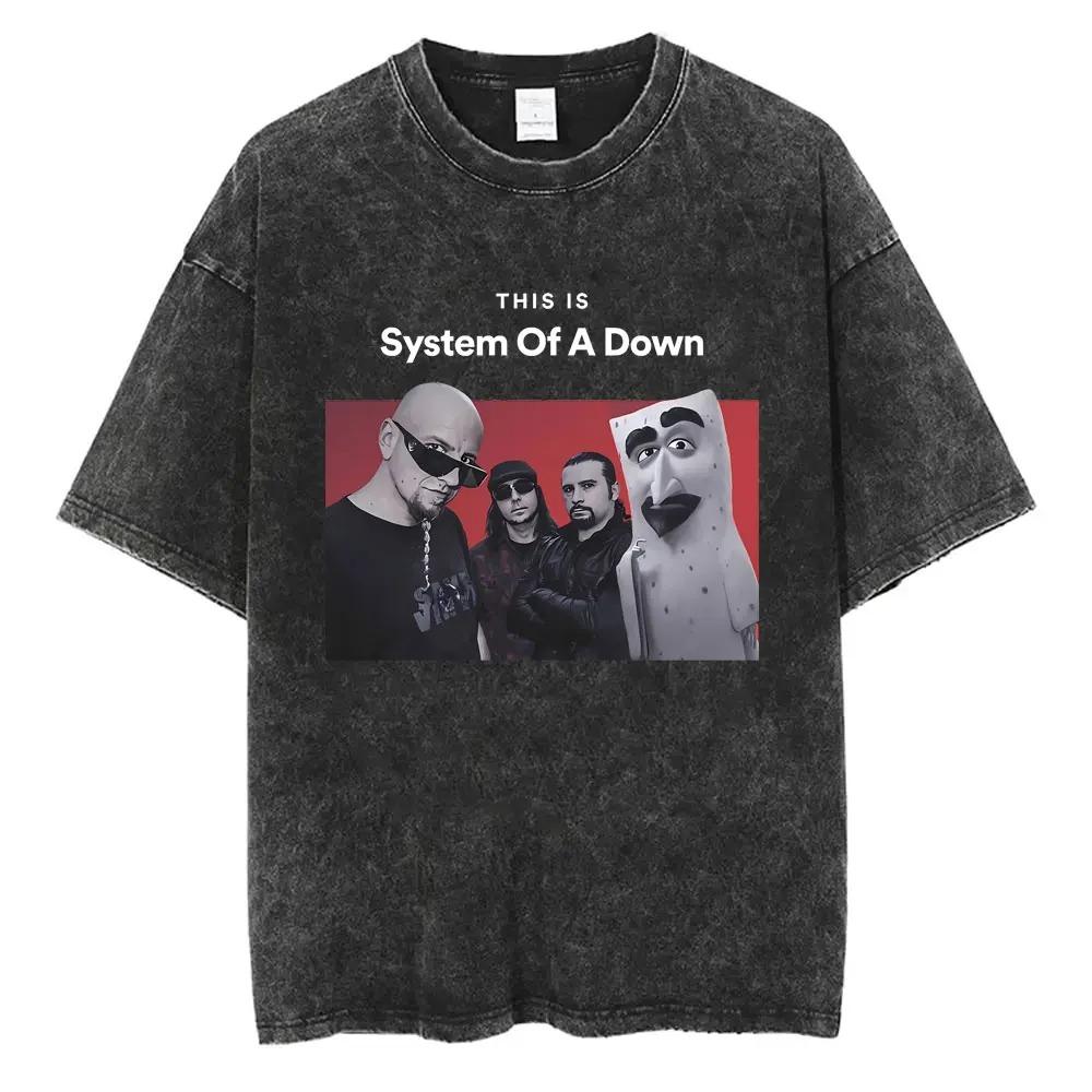 2026 Washed Vintage System of A Down Tshirt Men Women Cotton Quality Short Sleeve Tees Male Rock Music Band Cartoon Graphic T Shirts Y2K