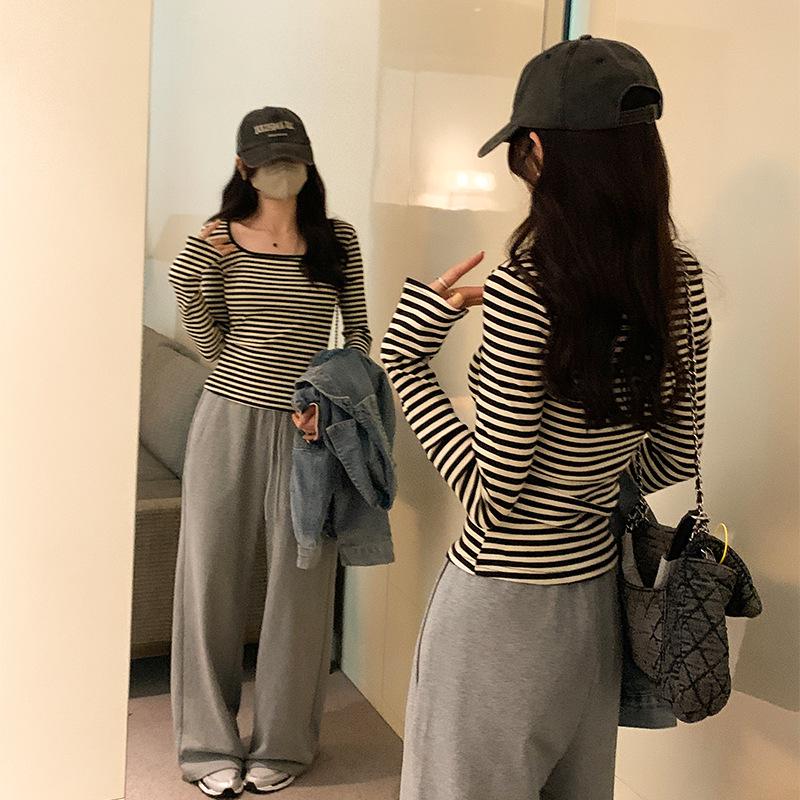Korean Square Neck Flare Sleeve Slimming Retro Striped Long Sleeve Top for Women