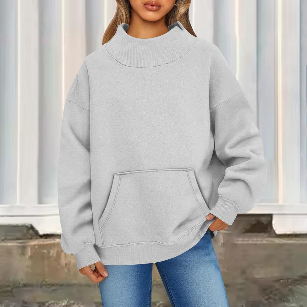 Damen Modisch Lässig Einfarbig Rundhals Langarm Tasche Sportlich Lässig Pullover Sweatshirt Top