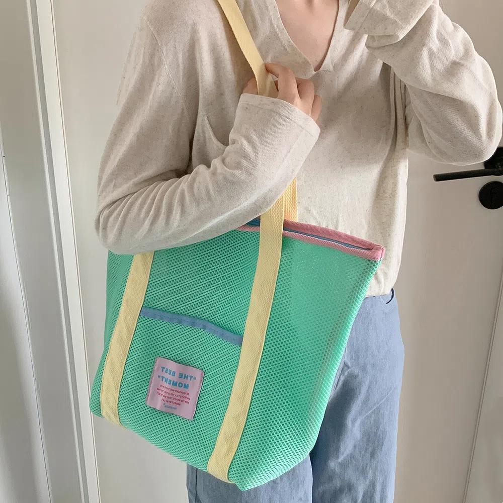 Shoulder Bag Mesh Tote Bag Colored Mesh Handbag Picnic Snack Bag Mesh Shopping Bag Travel