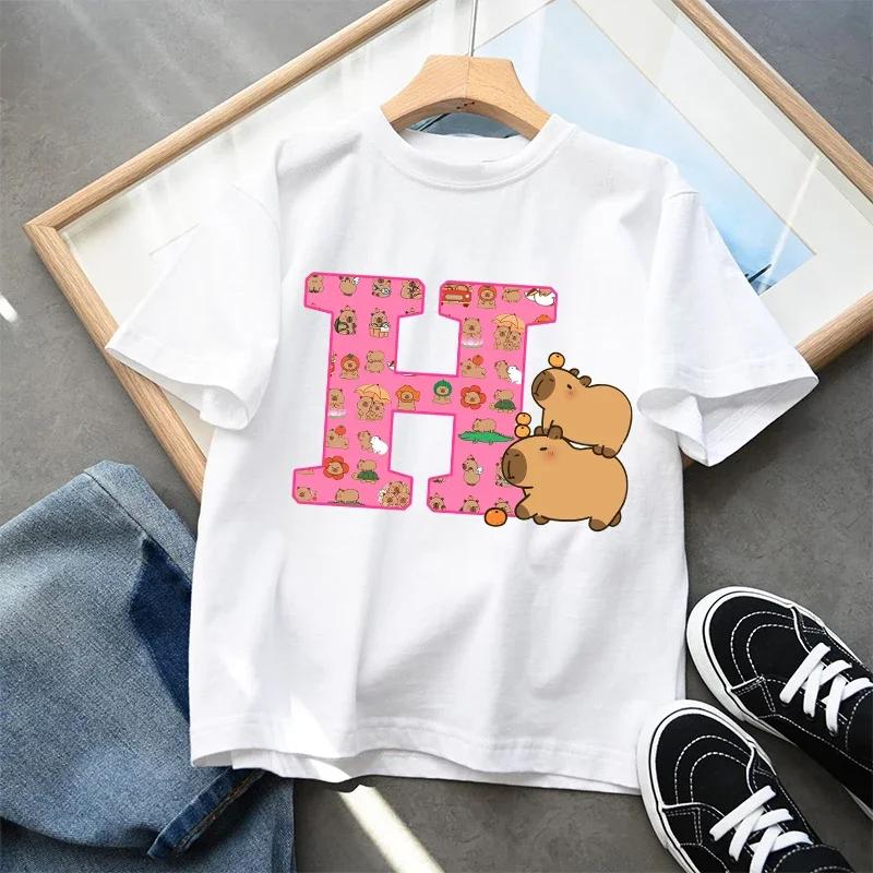 New Capybara Kids T-shirt Cute Cartoon Capibara A-Z Letter Cotton Tee Shirt Girls Summer Short Sleeve Tops Child Clothes Gifts