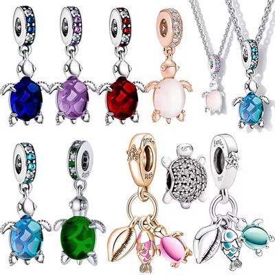 925 Silver Women Jewelry Murano Glass Pink Blue Sea Turtle Charm Dangle Bracelet Accessories