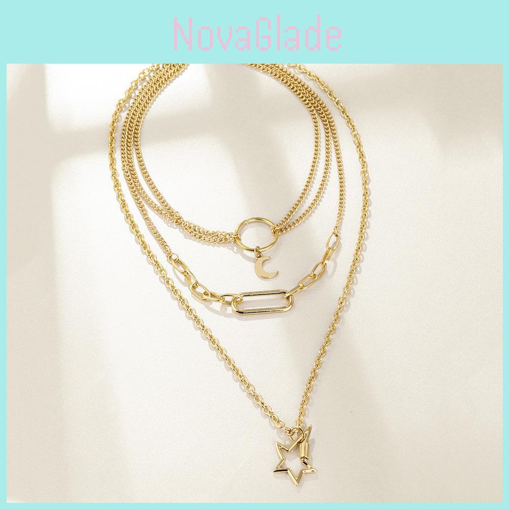 Classic European Style Alloy Moon And Star Layered Pendant Necklace For Women