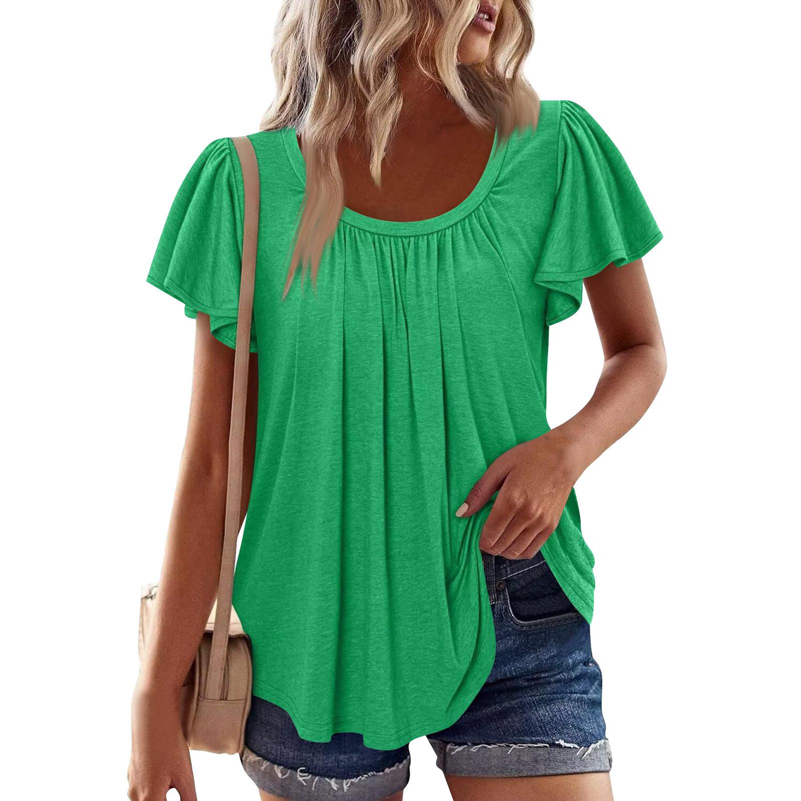 

Женские летние топы, повседневные, с оборками, коротким рукавом, круглым вырезом, свободные, плиссированные футболки M белый