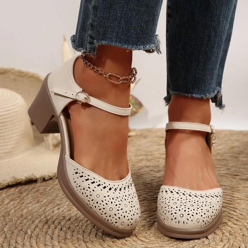 Fashion High Quality Leather Women Sandals Comfort Summer High Heels Non-slip Women Shoes Hollow Sandals Large Size Platform Sandals