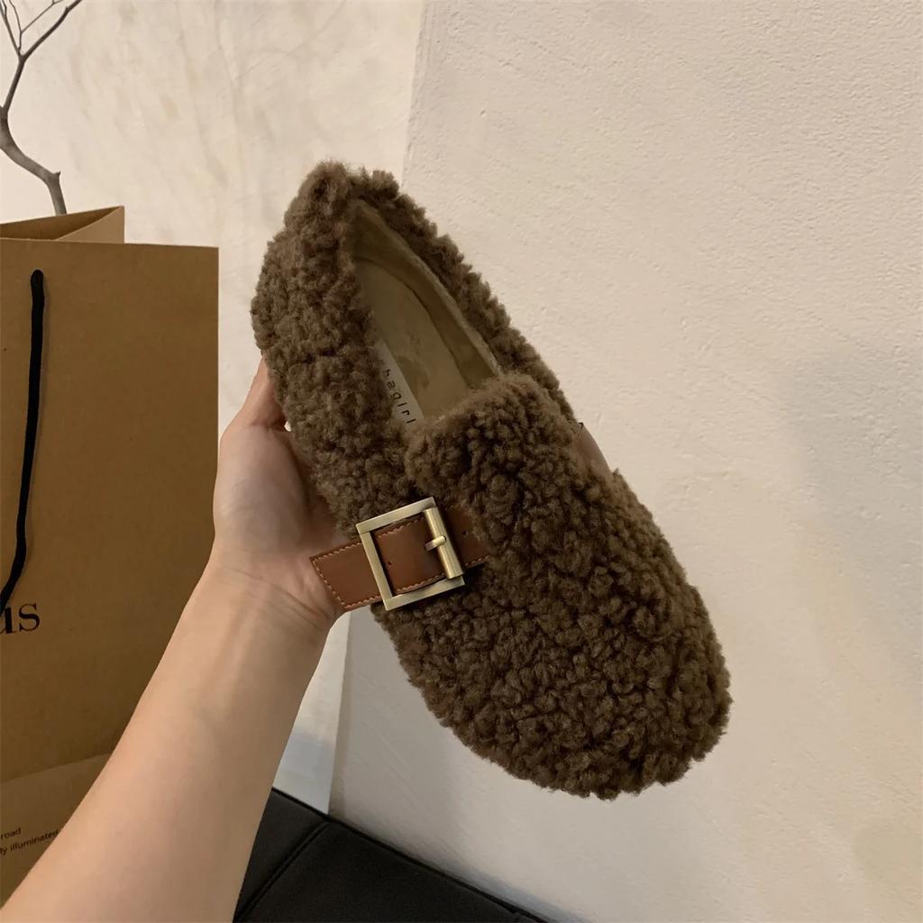 Luxury Sheep Fur Lined Loafers Women Lambswool Shoes Ladies Winter Slip On Furry Flats Cotton Wool Mocasine Femme Barefoot Boots