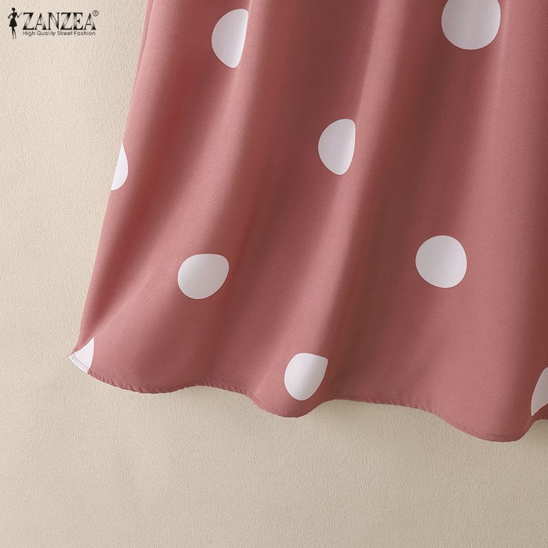 ZANZEA Women Casual Turn Down Collar Loose Short Sleeve Polka Dot Print Dress