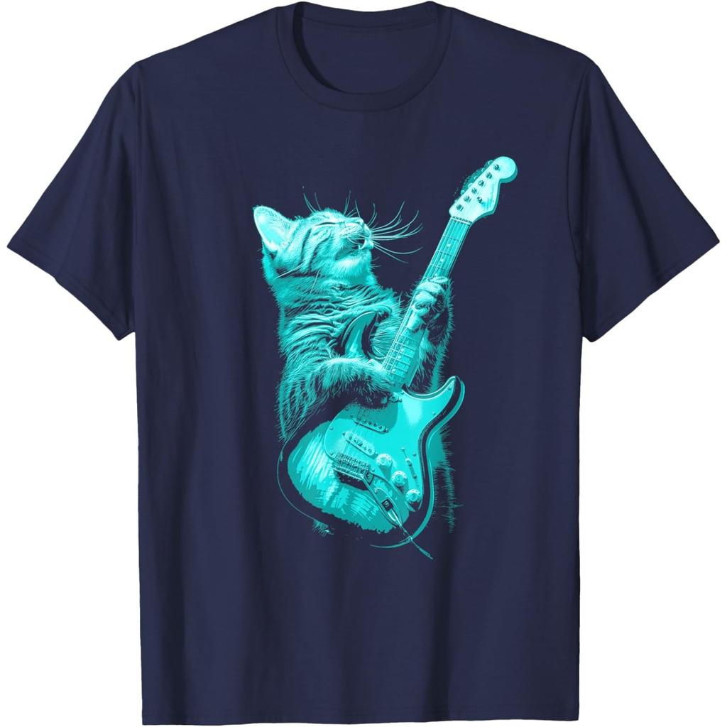 Funny Rock Cat Playing Electric Guitar Graphic Print Men's Cotton Casual T-Shirt