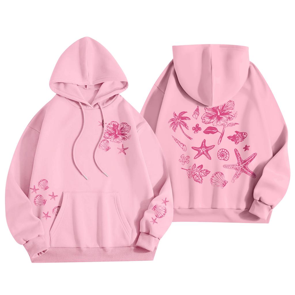 Damenmode Damen Leichter Langarmpullover mit Taschen Preppy Graphic Hoodie
