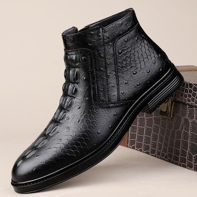 Britse Stijl Echt Leer Heren Enkelboots Slip-on Elastische Band Hoge Schoenen Krokodillenpatroon Casual Warme Zakelijke Laarzen