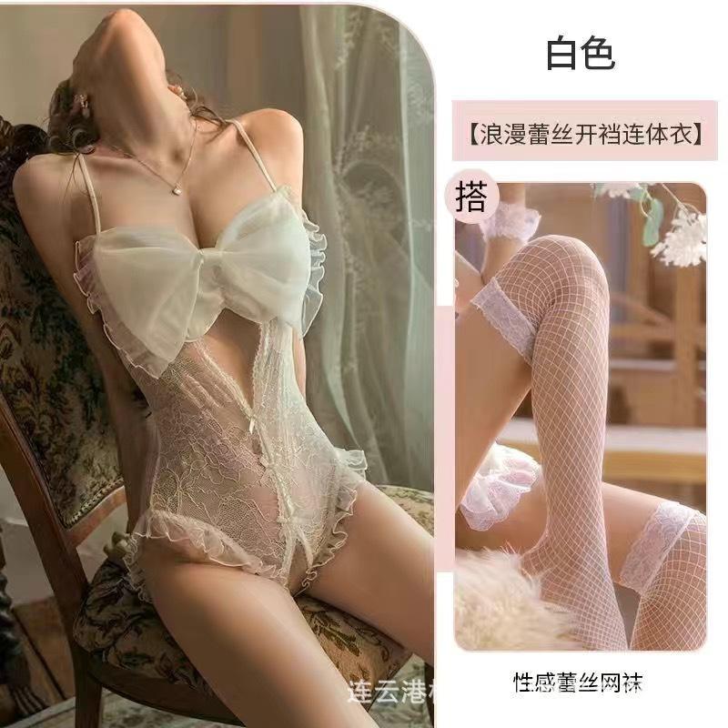 Sexy Perspective Sex Underwear Women's Mesh Big Bow Lace Seduction Onesie French Lace Open File