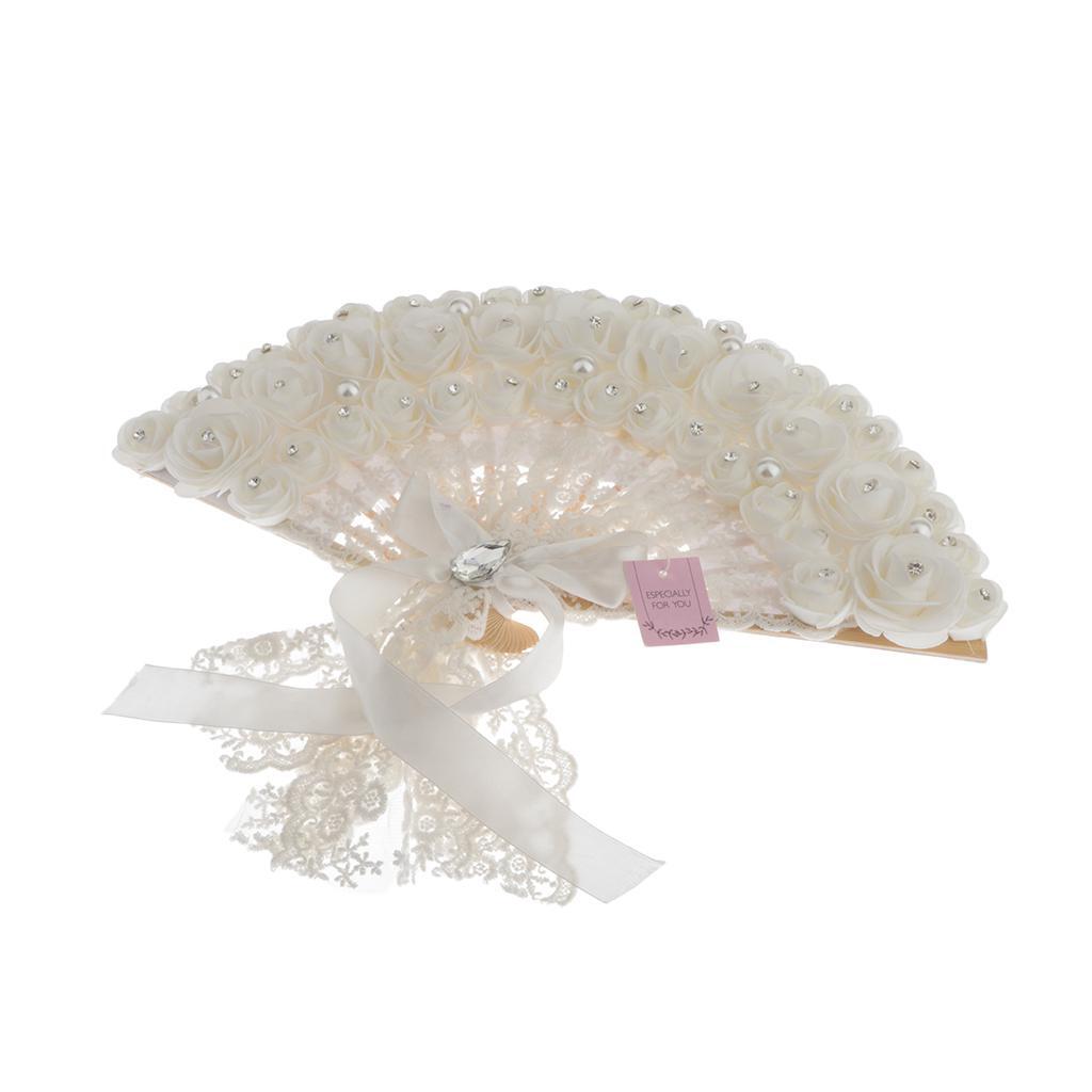

Wedding Lace Fabric White Pearl Rose Non-foldable Hand Fan Party Photo Props