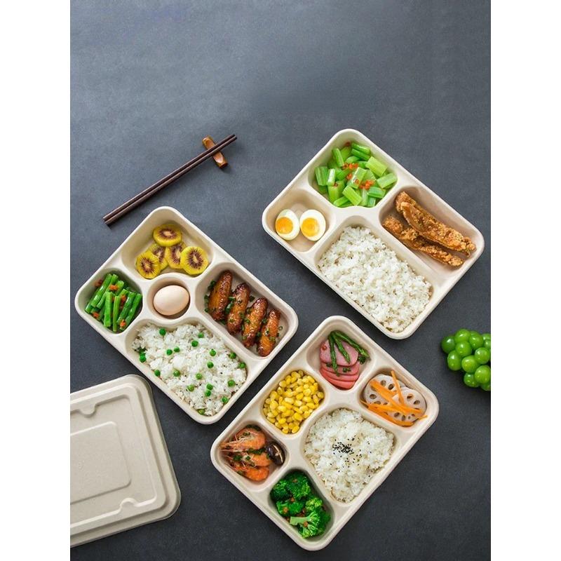 Caja de embalaje desechable para entrega dividida, 10 unidades, gran capacidad, papel de cuadrícula múltiple, cajas para el almuerzo, respetuosas con el medio ambiente, para microondas