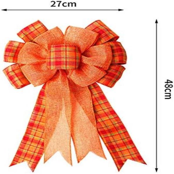 Large Fall Thanksgiving Wreath Gift Bow Orange Buffalo Plaid Check Wreath Swag Bow Wreath Pre-Tied Bow for Fall Thanksgiving Christmas Home Indoor