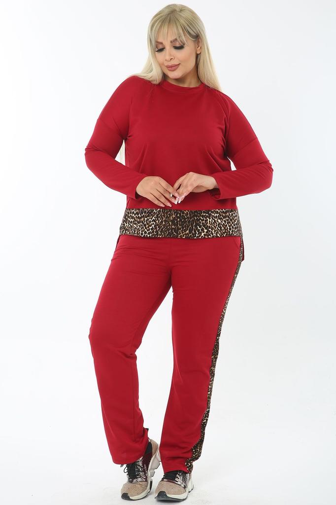 Damenmode Übergröße Trainingsanzug Set Große Größe Baumwolle Schwarz Hose Trainingsanzug Set mit Leopardenbesatz an der Seite und Taille