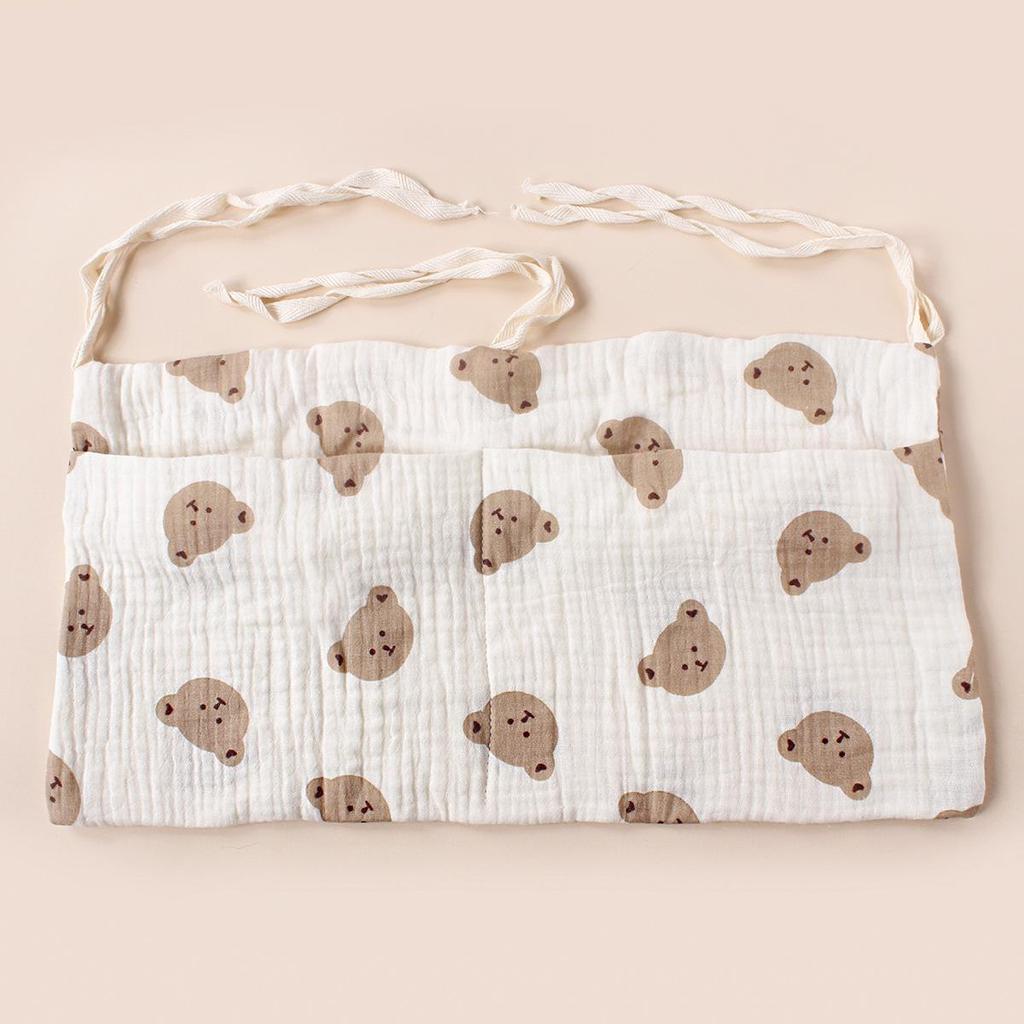 Double-Layer Pure Cotton Baby Stroller Storage Bag with Double Pockets and Printed Bottle Holder
