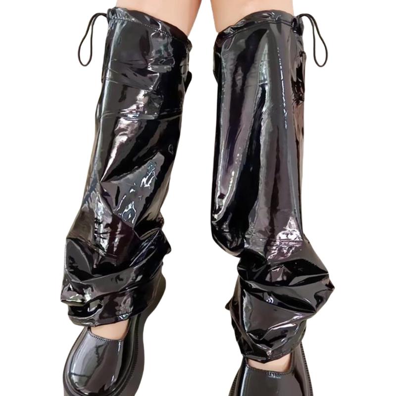 Women Harajuku Shinning Metallic Leg Warmer with Drawstring Flared Long Socks Grunge Baggy Loose Foot Cover Streetwear