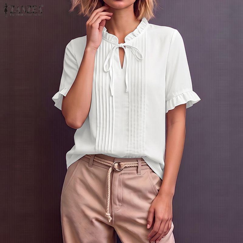 ZANZEA Women Elegant Lace-Up Round Neck Summer Casual Half Sleeve Blouse