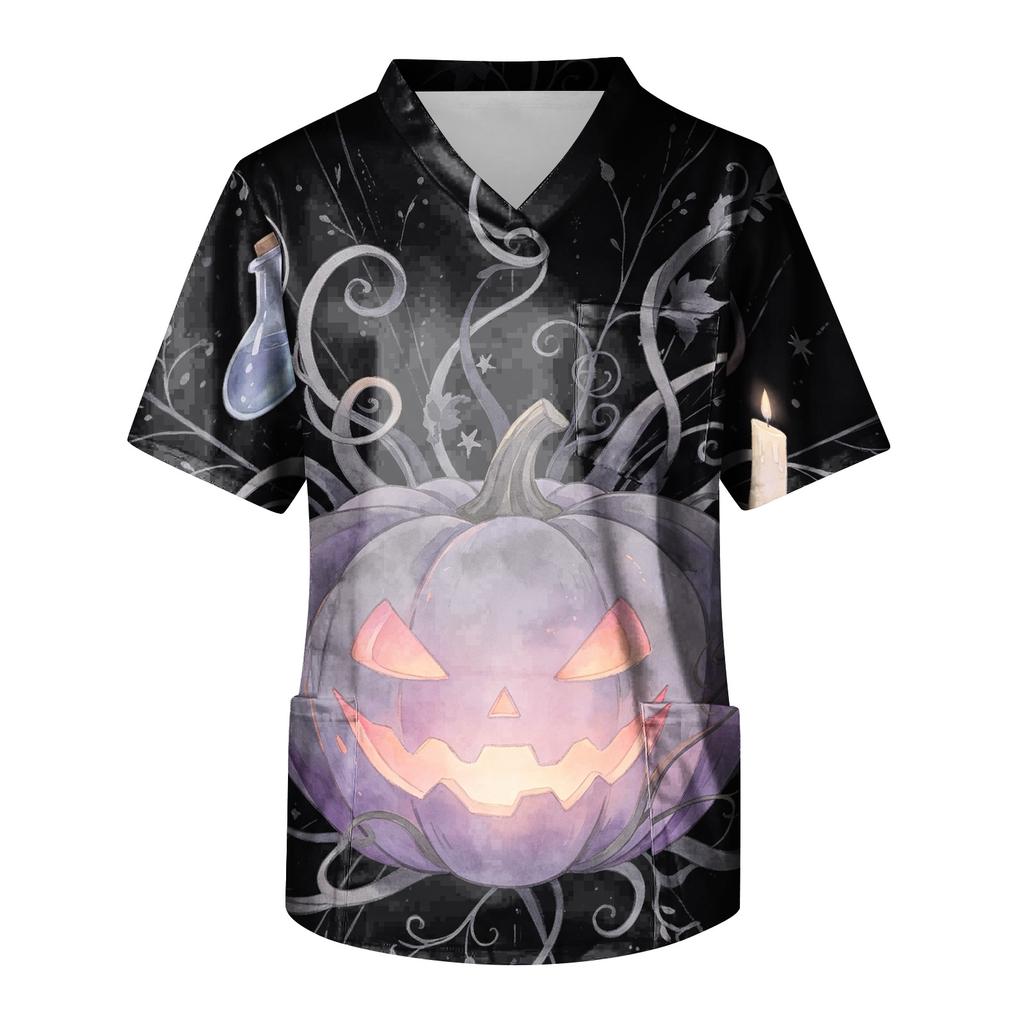 Haut d'uniforme pour soignant, Halloween, imprimé, col en V, manches courtes, poche, haut de travail