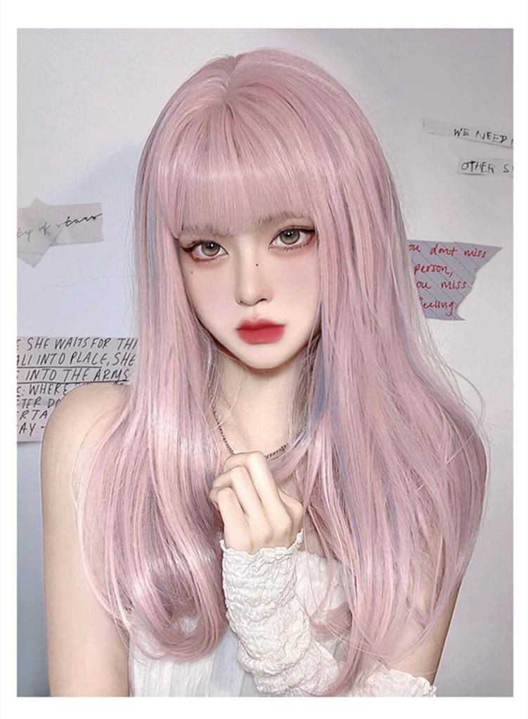 Full Pink X Blue Harajuku Small Face with Net Semi-long Wig, Ladies' Wig, Straight, Natural, Style, Popular, Effect, Cute,