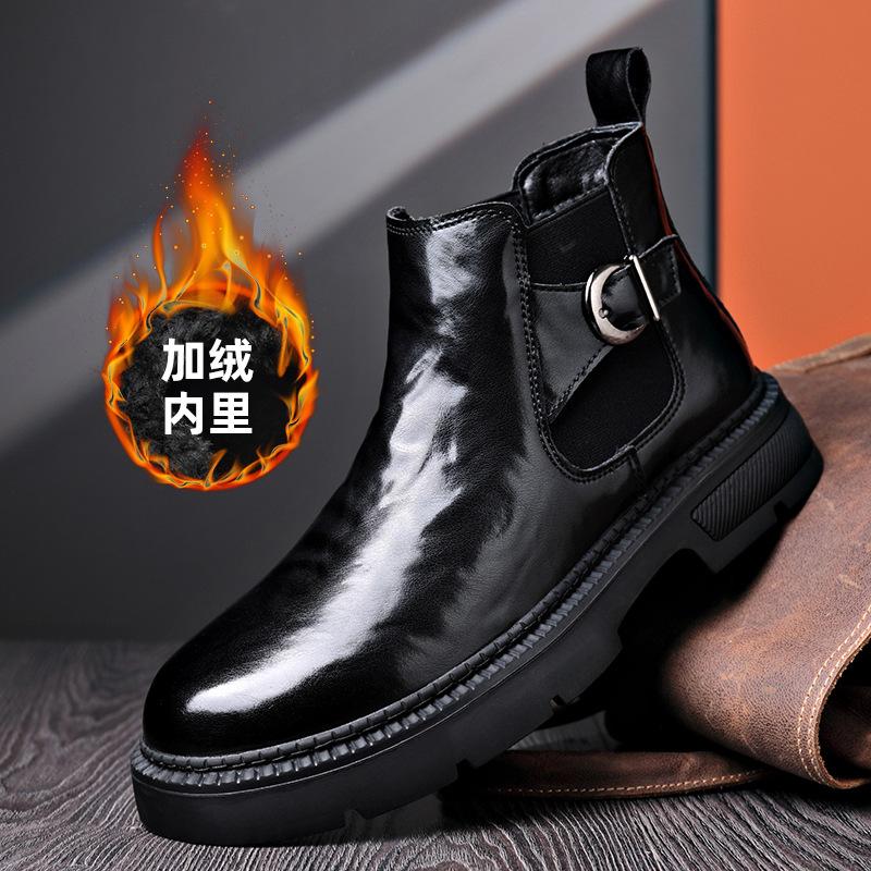 FashionAutumn Winter Ankle Boots for Men Fashion Casual Buckle Designer Black Cow Leather Shoes Man Black Platform Chelsea Boots Male