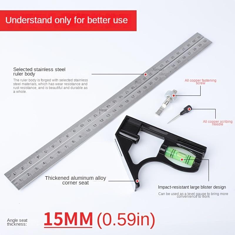 12" Professional Resolution Adjustable Stainless Steel Angle Combination Square Ruler